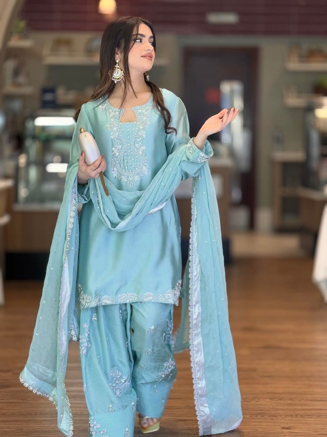 Designer Party Wear Glass Satin Top & Farshi Palazzo with Dupatta