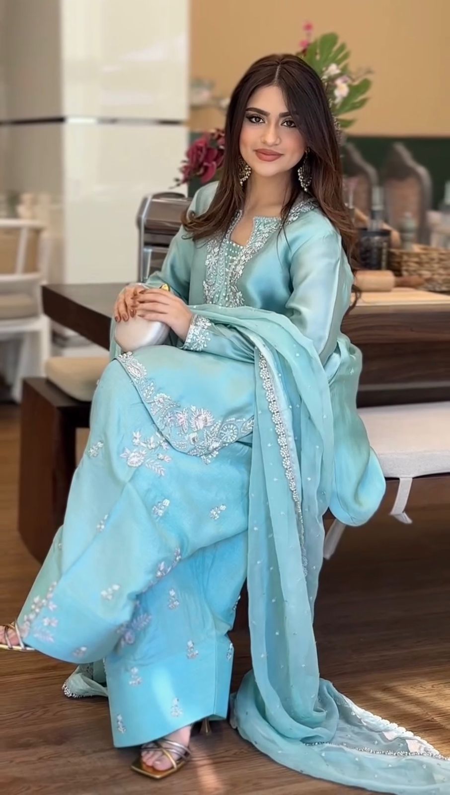 Designer Party Wear Glass Satin Top & Farshi Palazzo with Dupatta