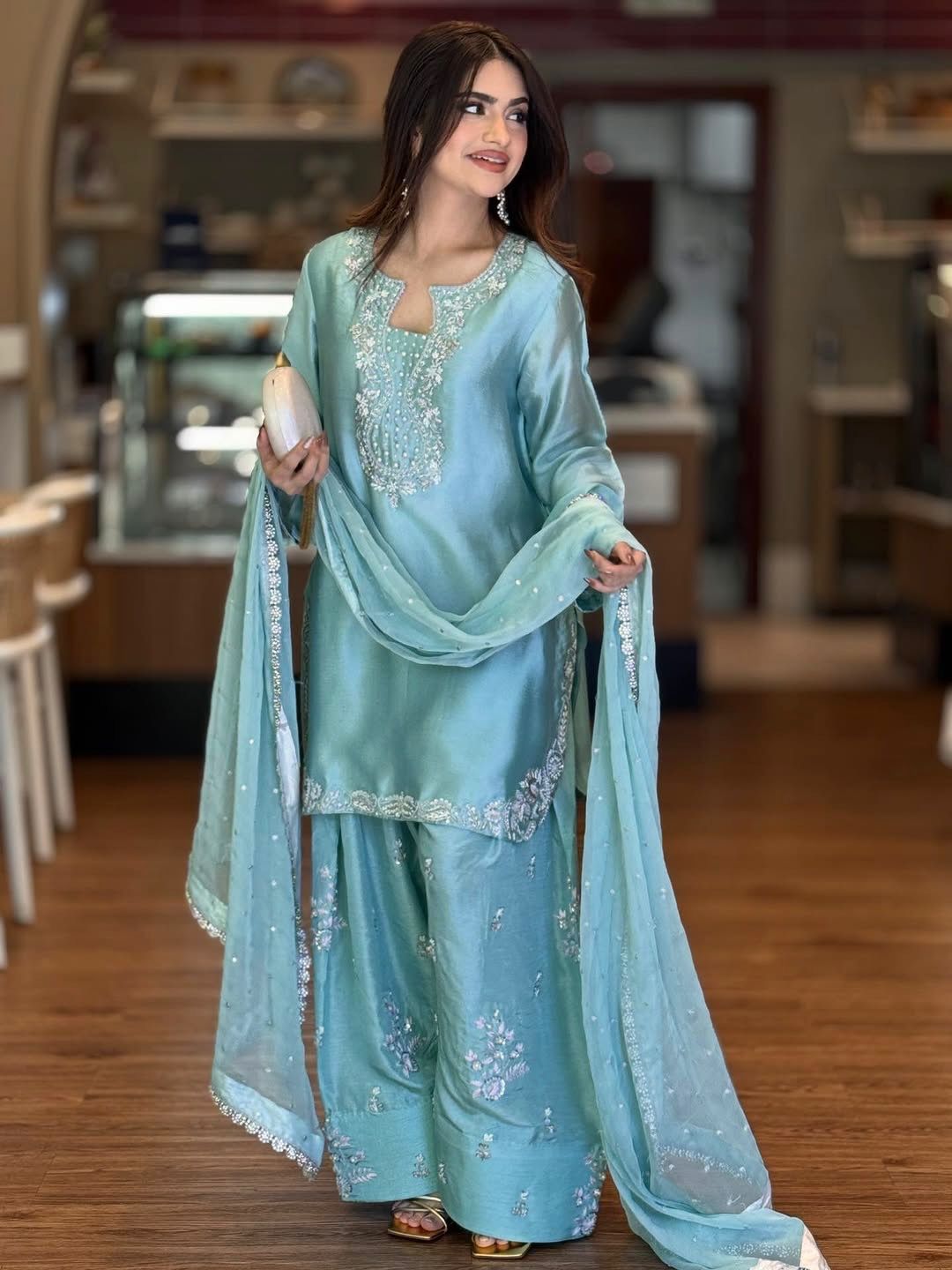 Designer Party Wear Glass Satin Top & Farshi Palazzo with Dupatta