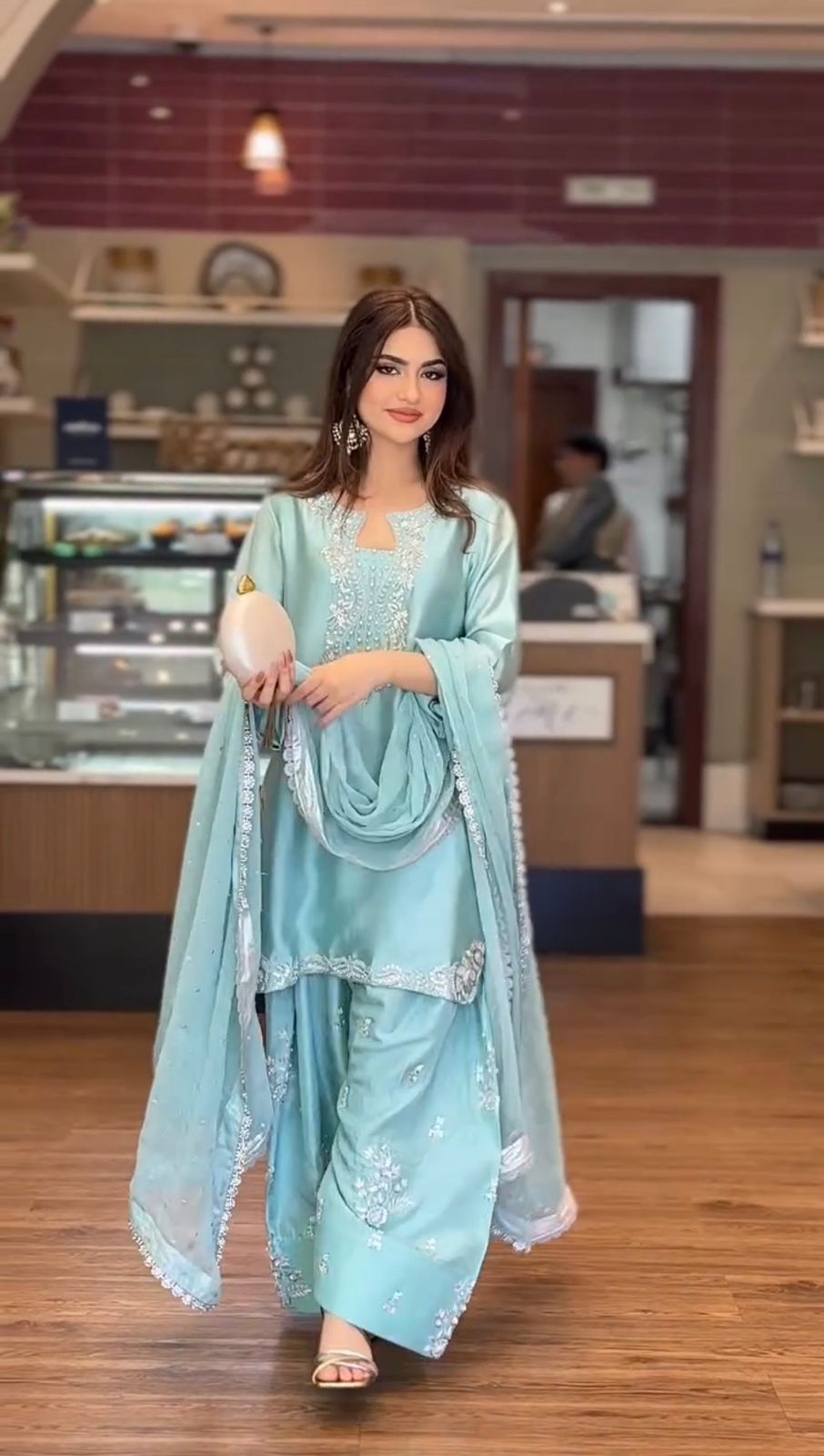 Designer Party Wear Glass Satin Top & Farshi Palazzo with Dupatta