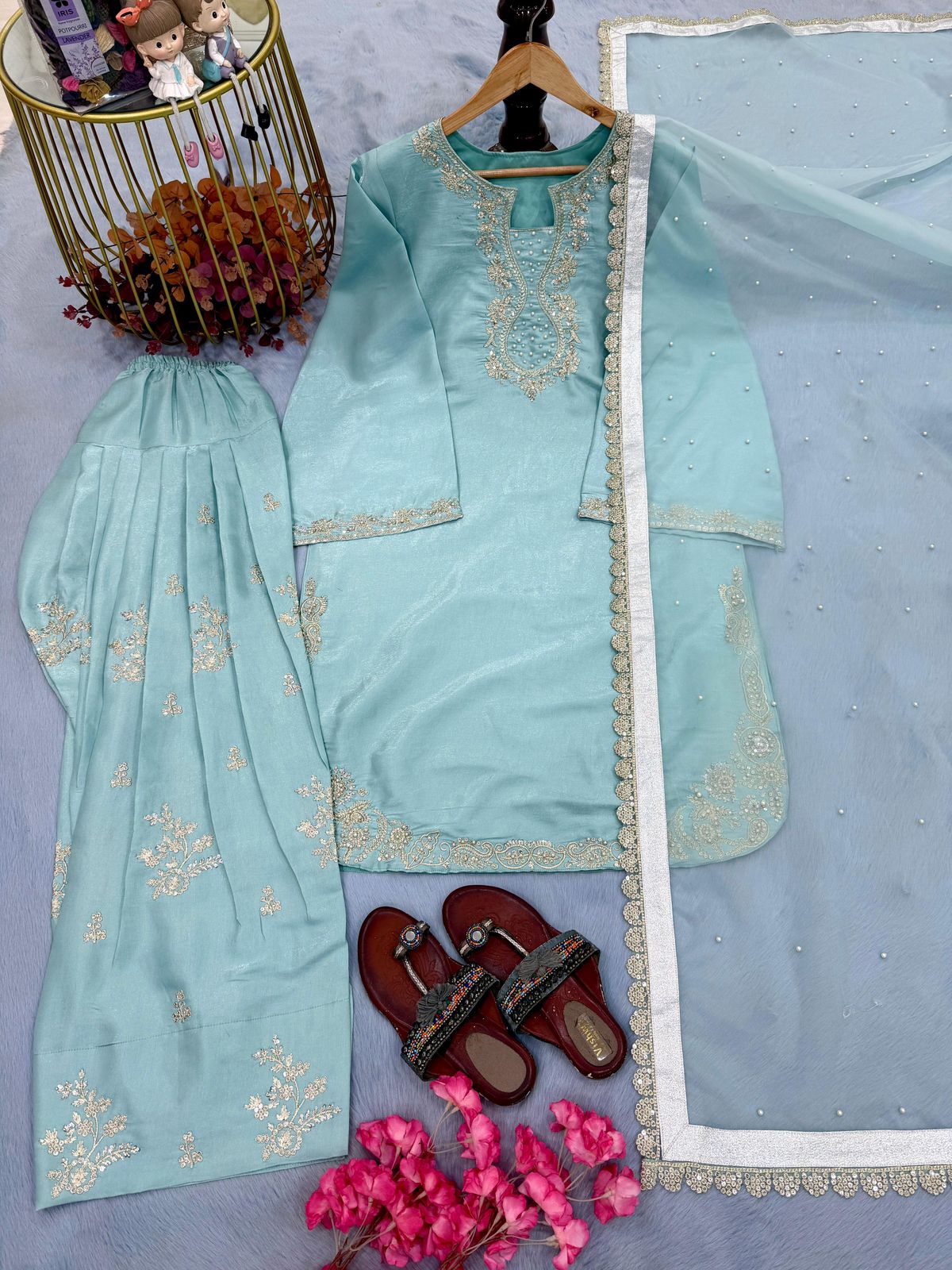 Designer Party Wear Glass Satin Top & Farshi Palazzo with Dupatta