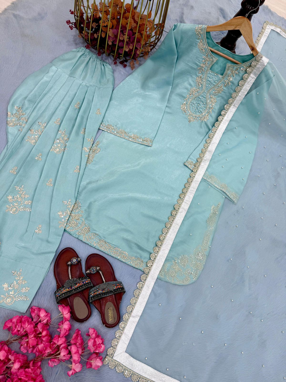 Designer Party Wear Glass Satin Top & Farshi Palazzo with Dupatta