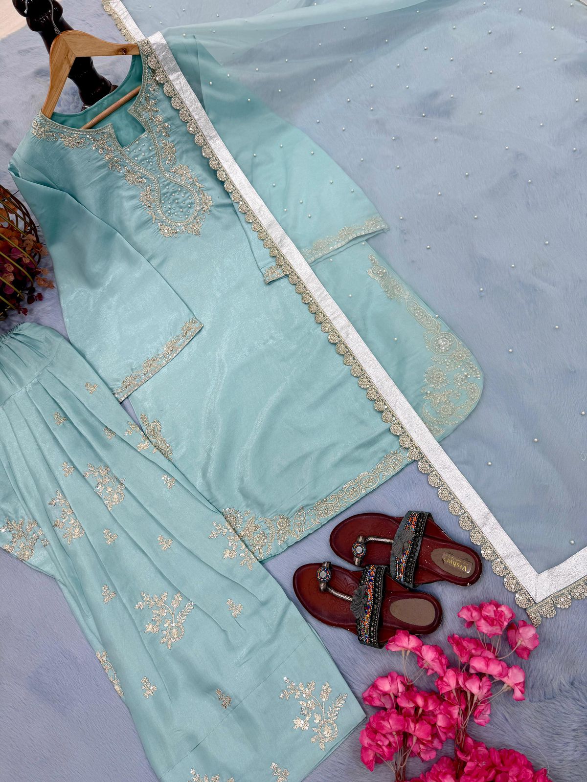 Designer Party Wear Glass Satin Top & Farshi Palazzo with Dupatta