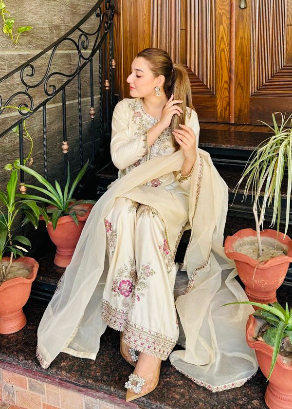 French Crepe Embroidered Top & Farshi Pant with Dupatta