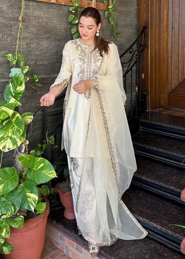 French Crepe Embroidered Top & Farshi Pant with Dupatta