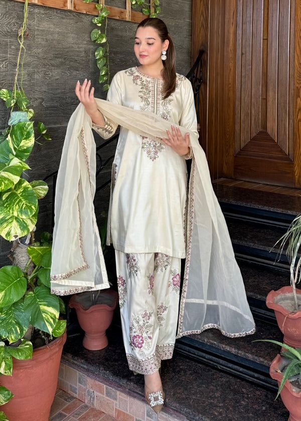 French Crepe Embroidered Top & Farshi Pant with Dupatta