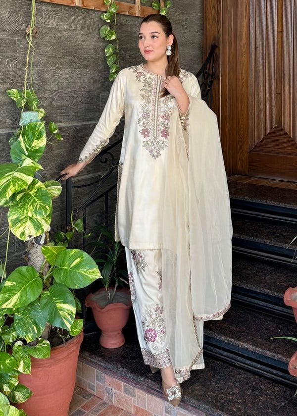 French Crepe Embroidered Top & Farshi Pant with Dupatta