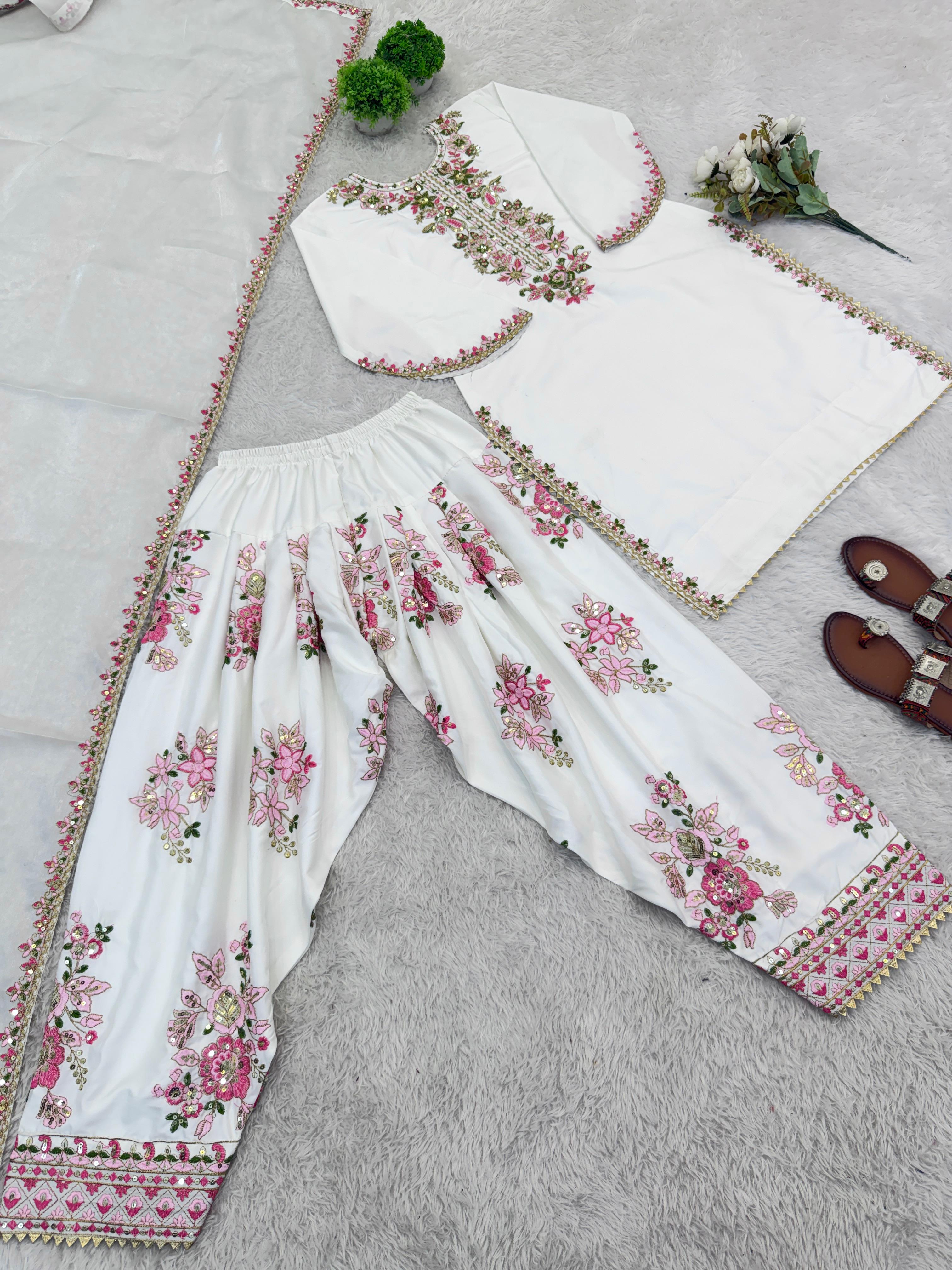 French Crepe Embroidered Top & Farshi Pant with Dupatta