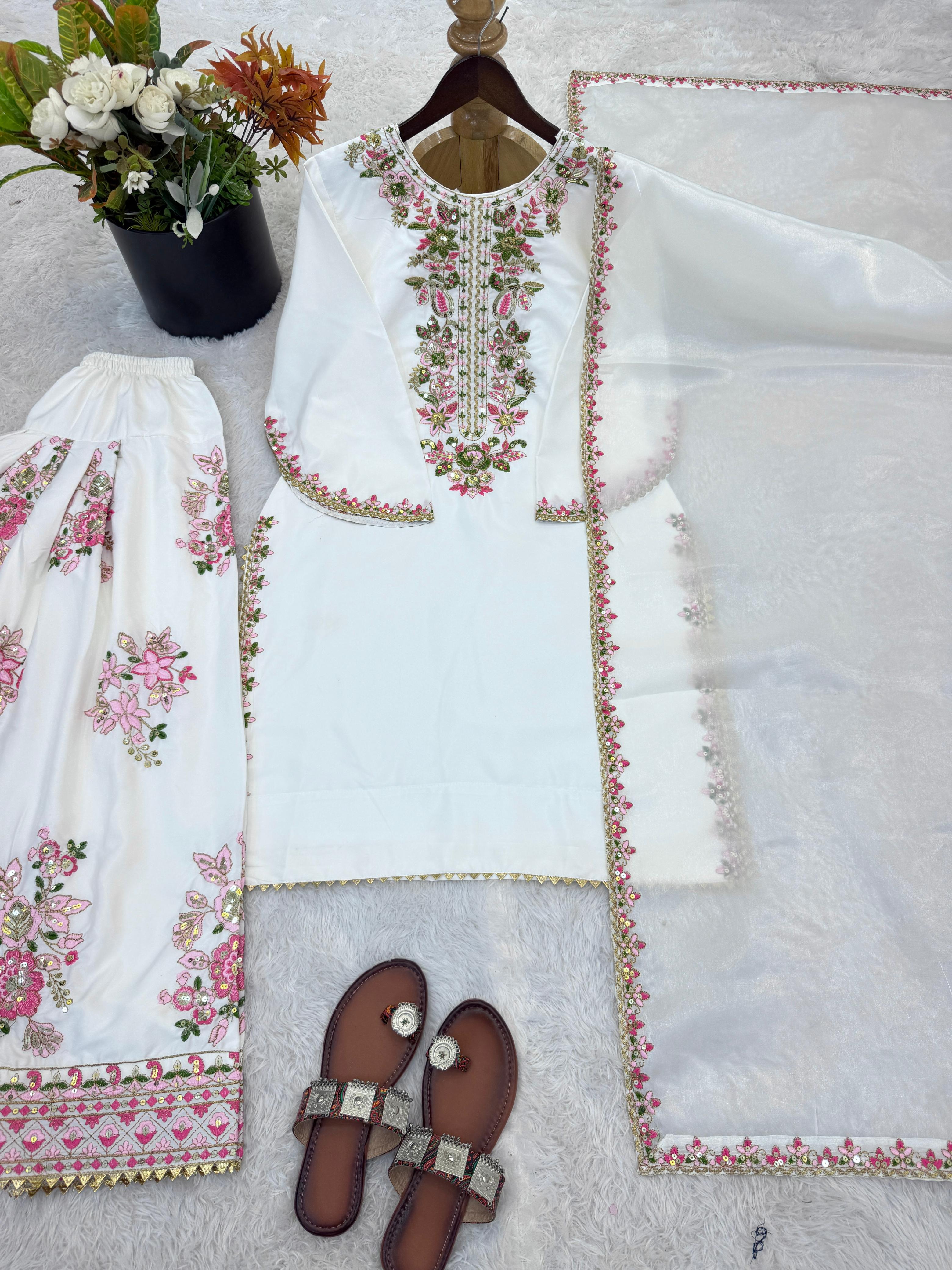 French Crepe Embroidered Top & Farshi Pant with Dupatta