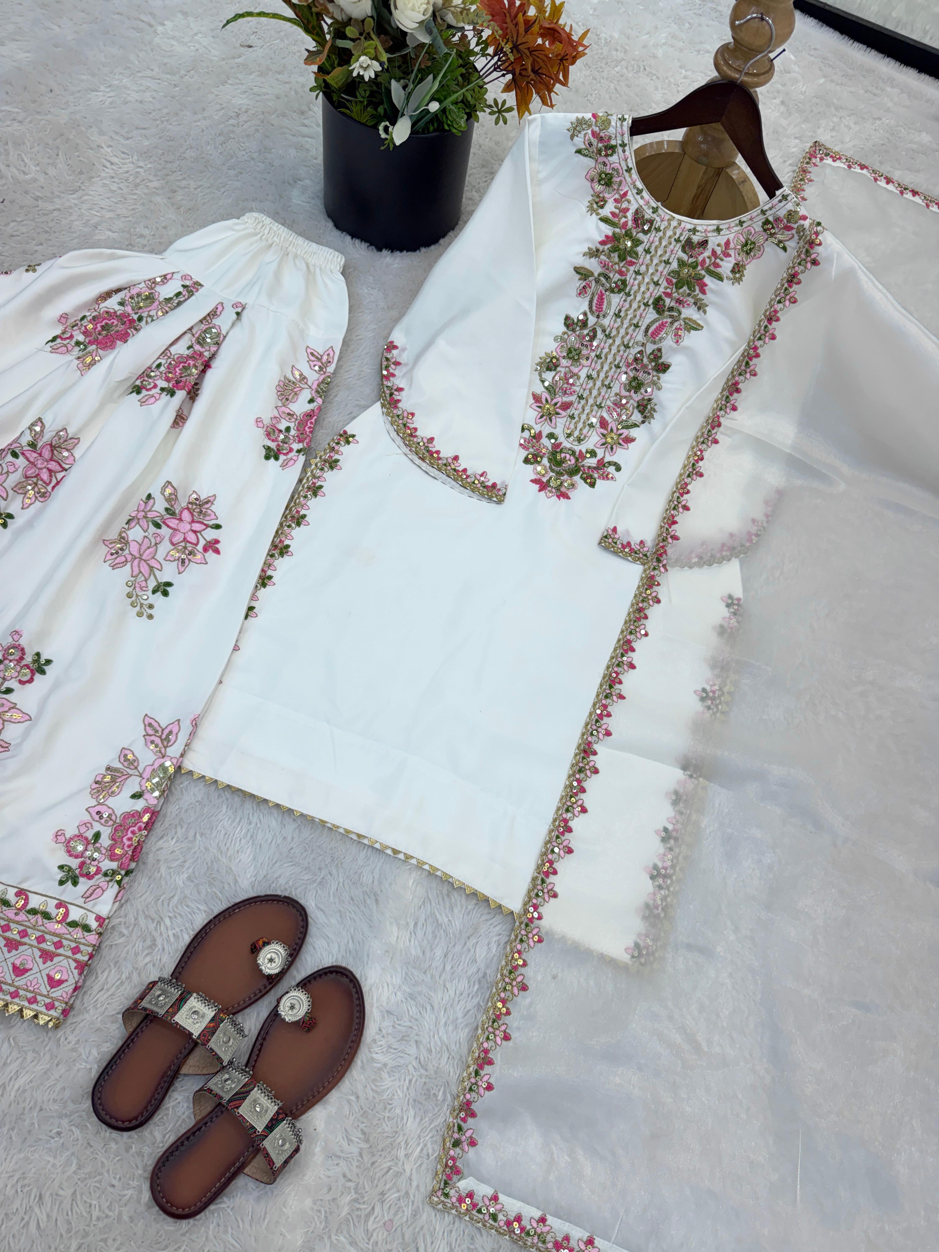 French Crepe Embroidered Top & Farshi Pant with Dupatta