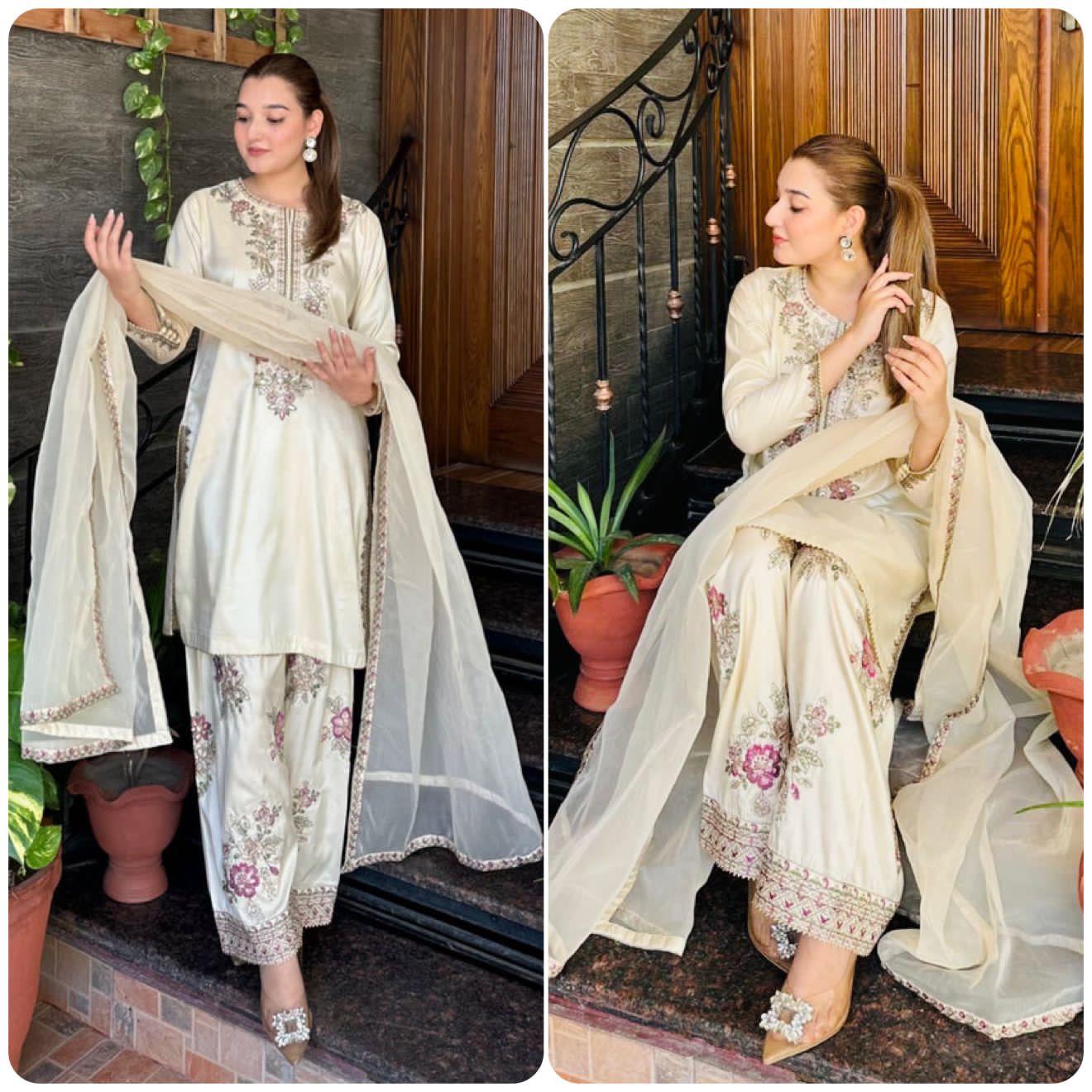 French Crepe Embroidered Top & Farshi Pant with Dupatta