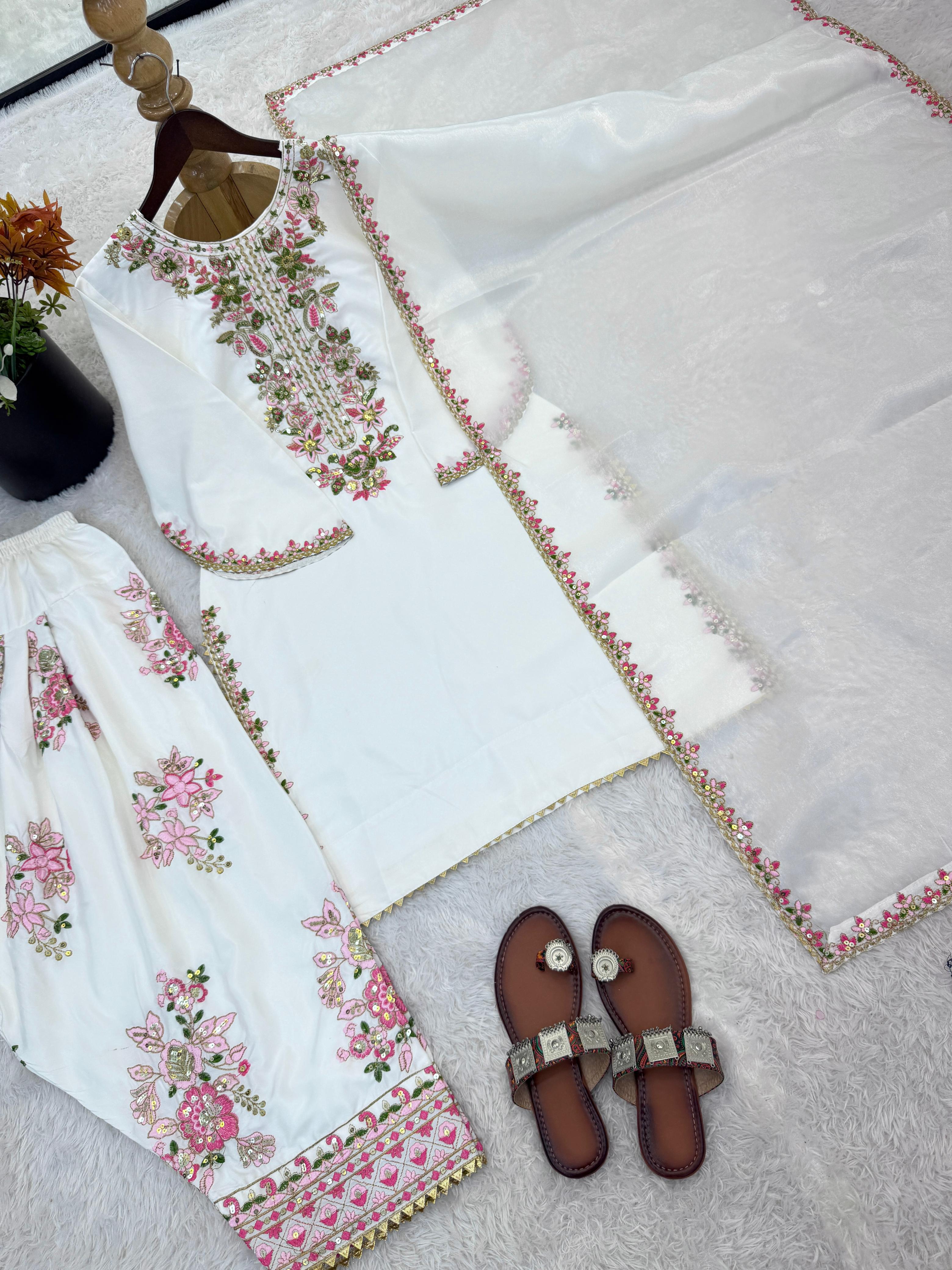 French Crepe Embroidered Top & Farshi Pant with Dupatta