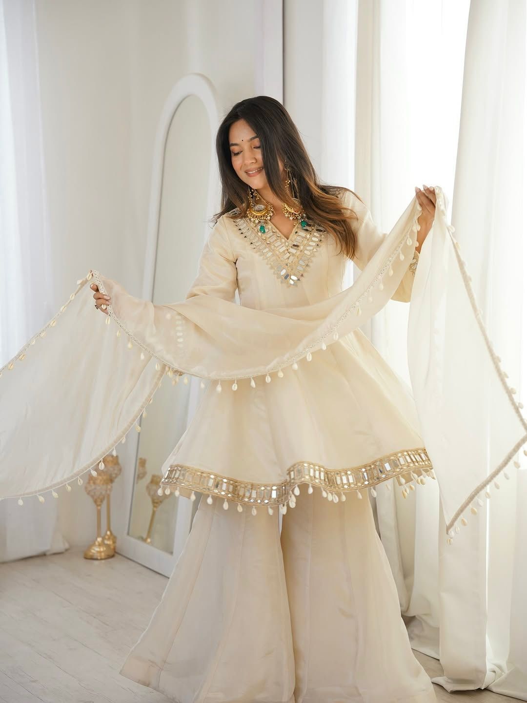 Mirror Work Tebby Organza Silk Sharara Set with Dupatta
