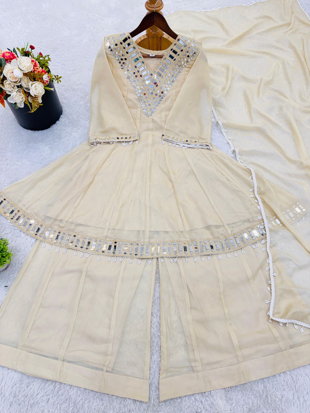 Mirror Work Tebby Organza Silk Sharara Set with Dupatta