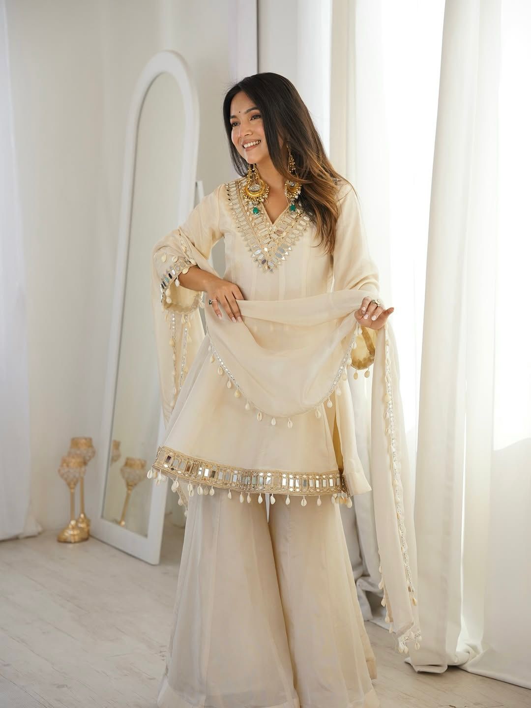 Mirror Work Tebby Organza Silk Sharara Set with Dupatta