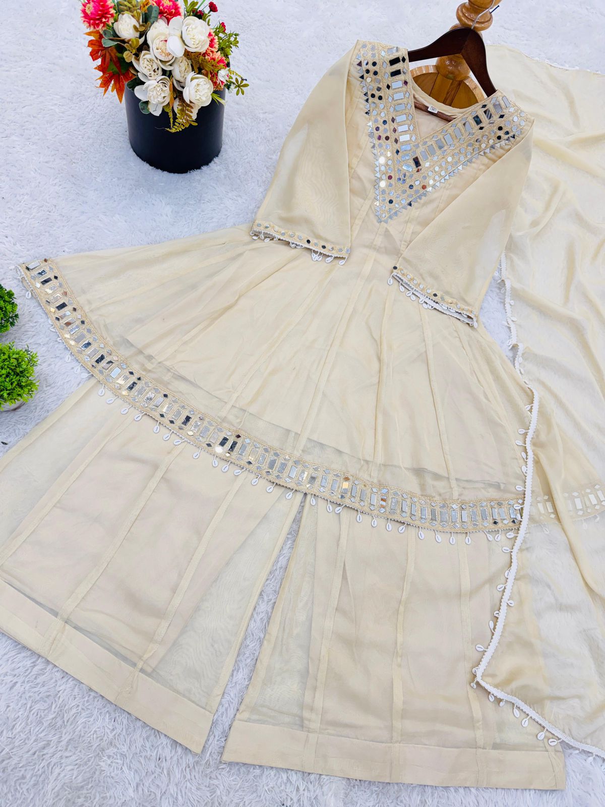 Mirror Work Tebby Organza Silk Sharara Set with Dupatta