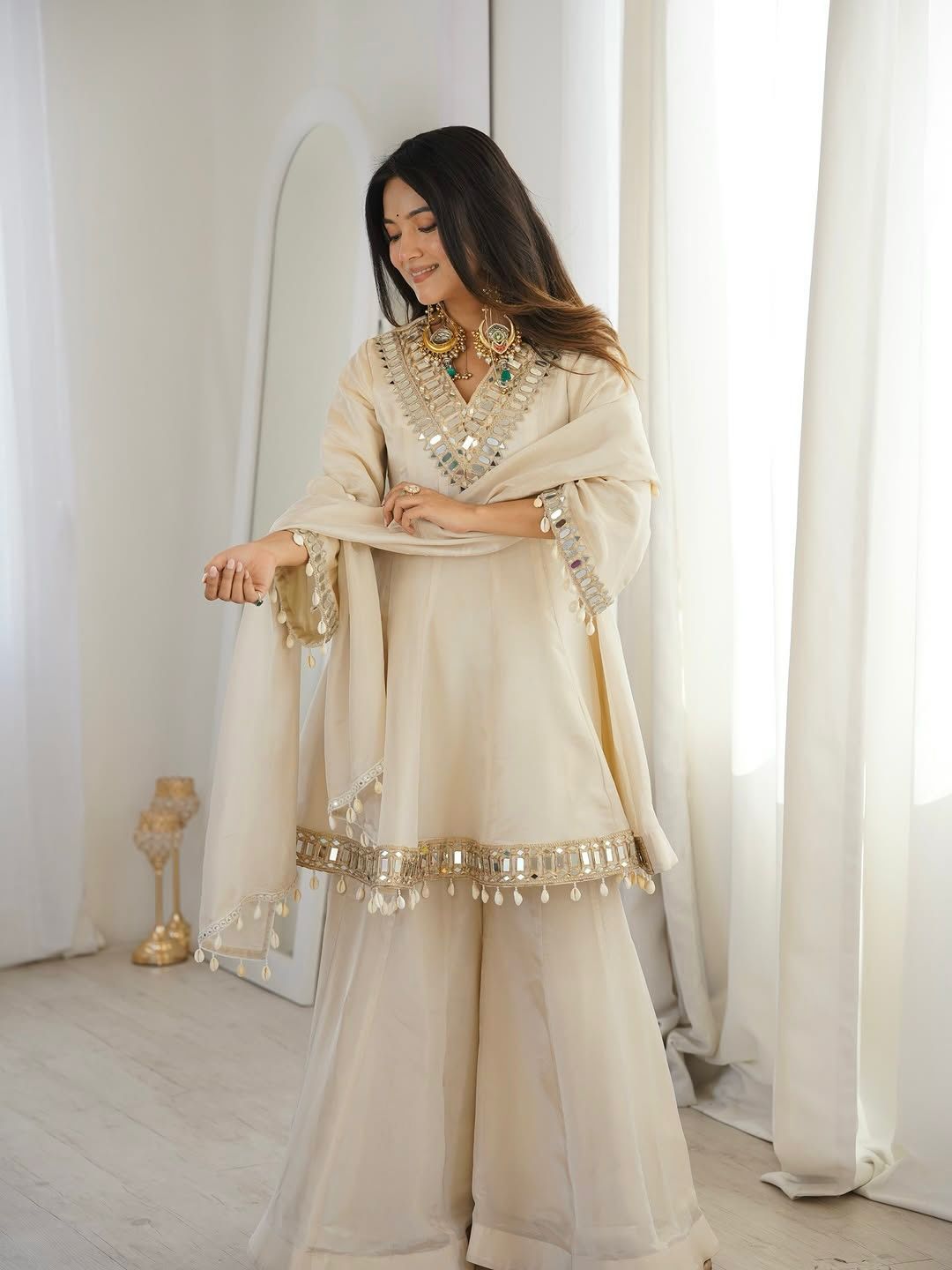 Mirror Work Tebby Organza Silk Sharara Set with Dupatta