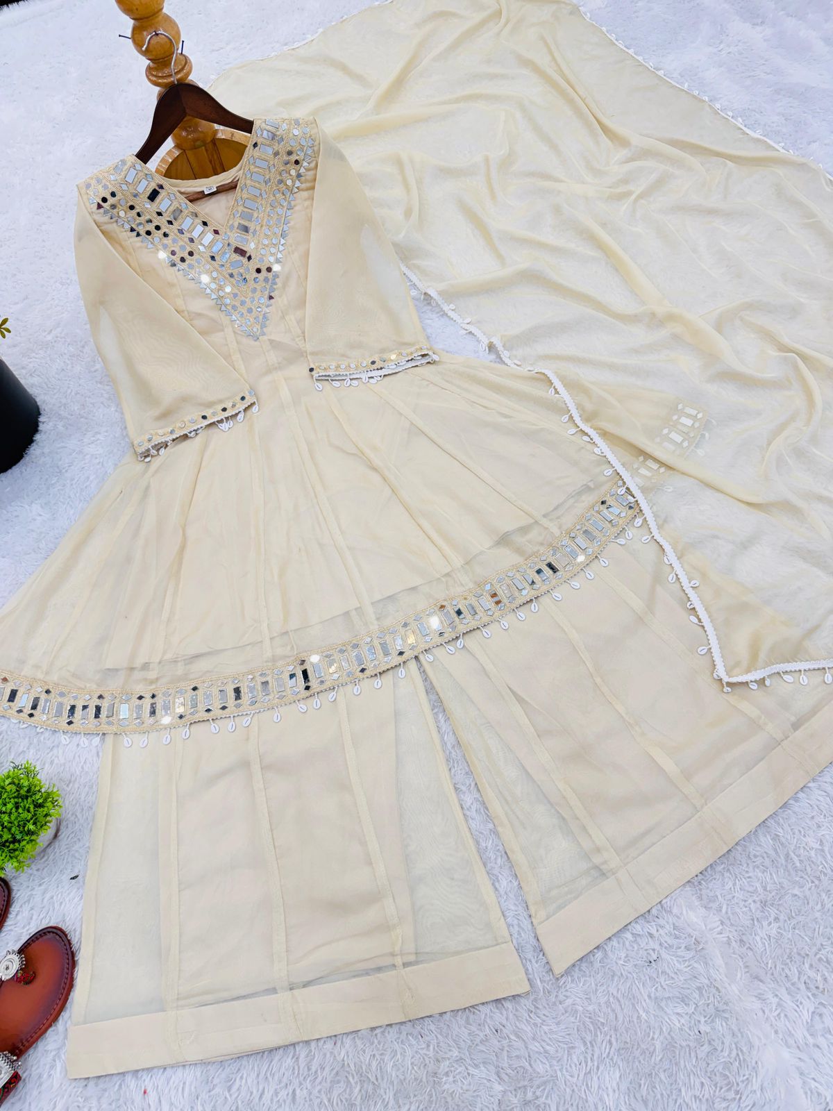 Mirror Work Tebby Organza Silk Sharara Set with Dupatta