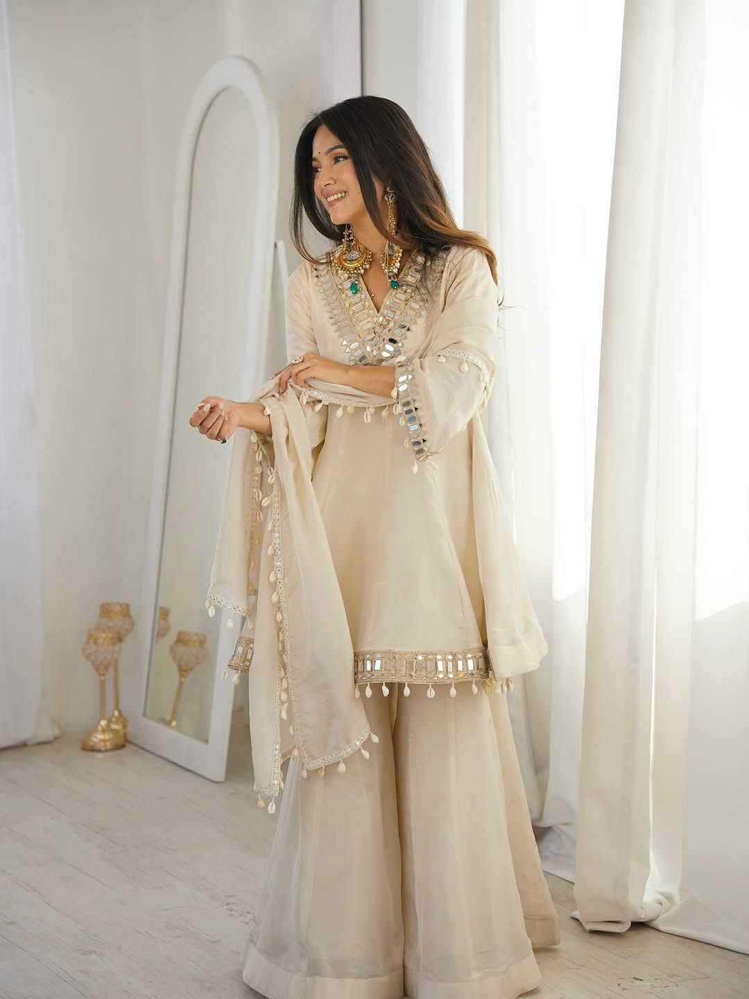Mirror Work Tebby Organza Silk Sharara Set with Dupatta