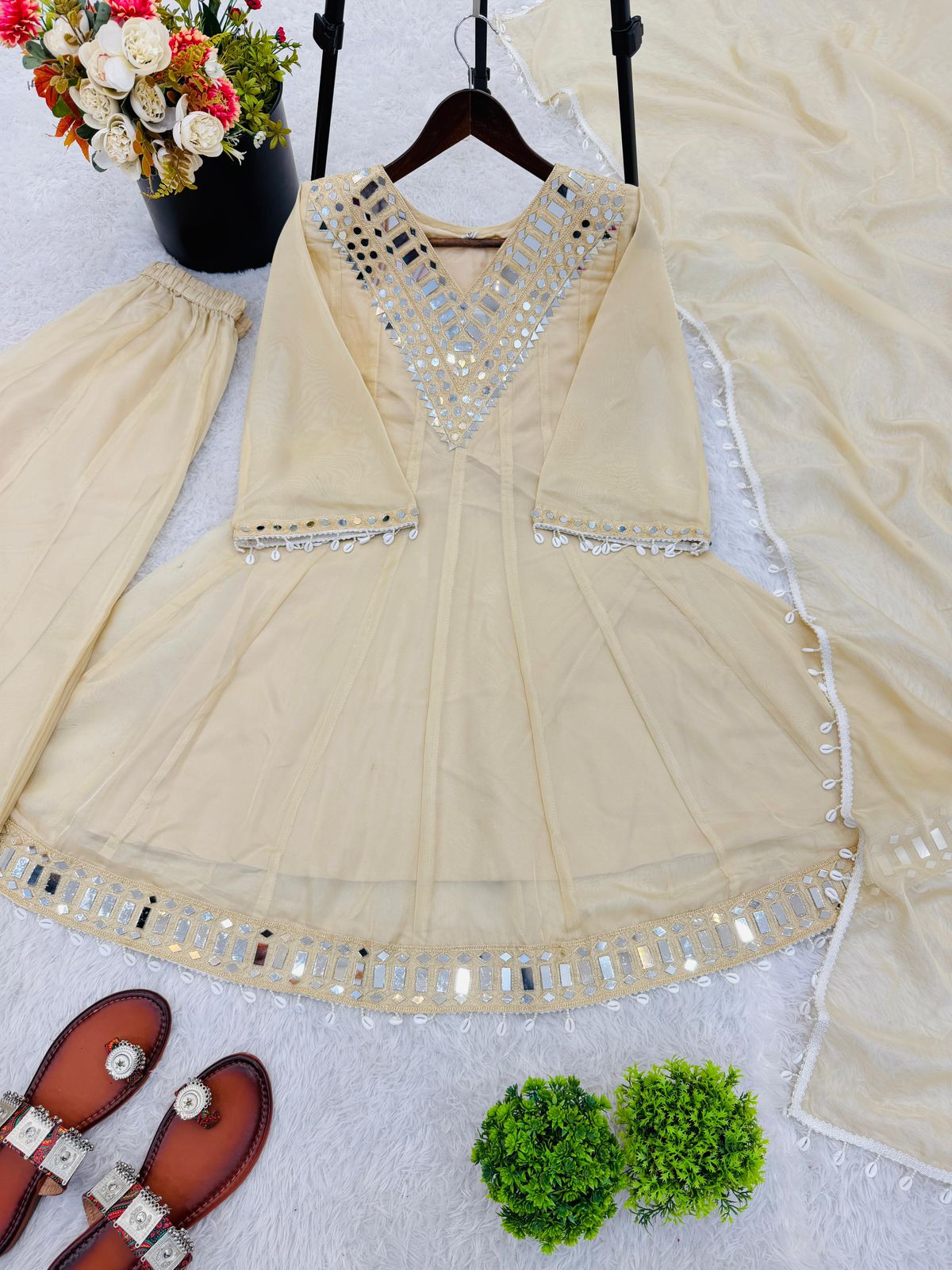 Mirror Work Tebby Organza Silk Sharara Set with Dupatta