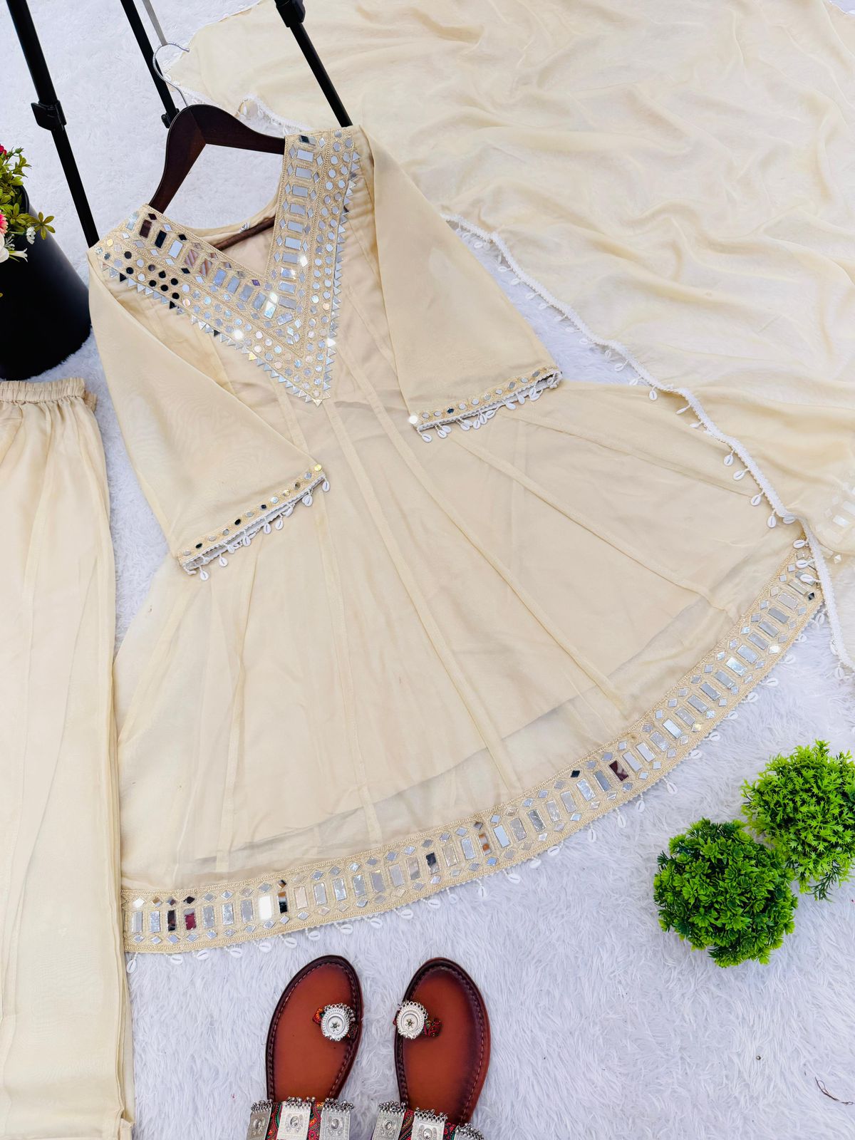 Mirror Work Tebby Organza Silk Sharara Set with Dupatta