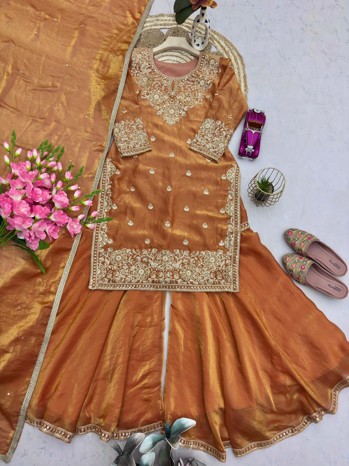 Embroidery & Sequins Heavy Fandy Silk Sharara Set with Dupatta