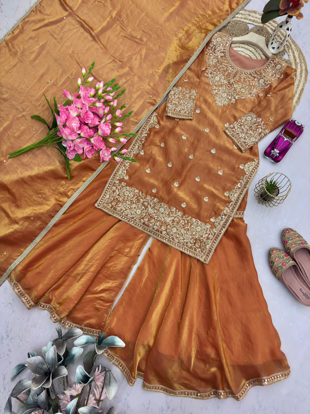Embroidery & Sequins Heavy Fandy Silk Sharara Set with Dupatta