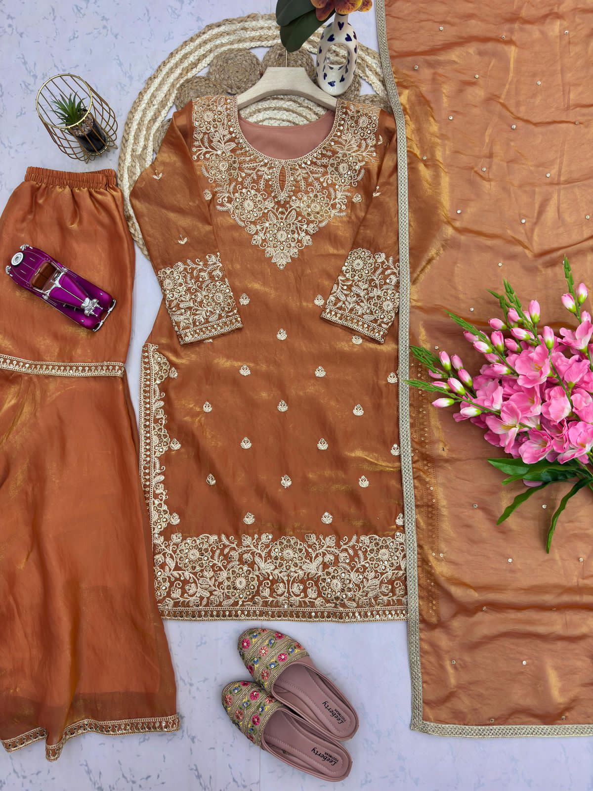 Embroidery & Sequins Heavy Fandy Silk Sharara Set with Dupatta
