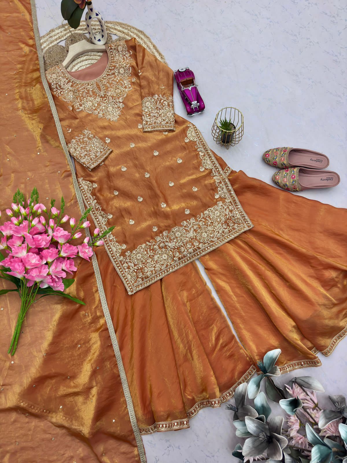 Embroidery & Sequins Heavy Fandy Silk Sharara Set with Dupatta