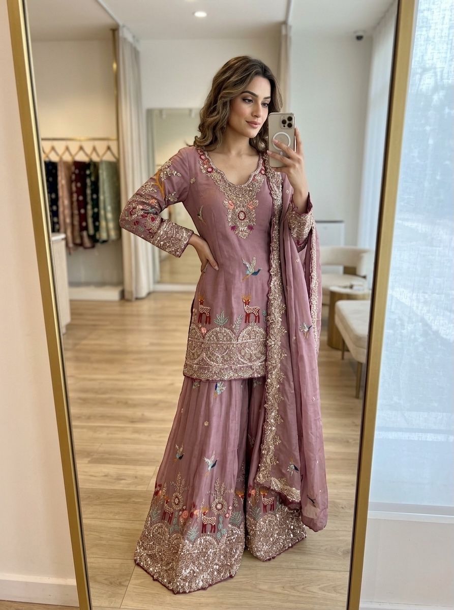 Embroidery & Sequins Pure Cinon Silk Sharara Set with Dupatta