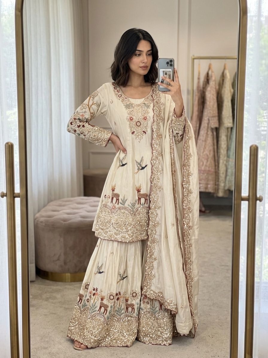 Embroidery & Sequins Pure Cinon Silk Sharara Set with Dupatta