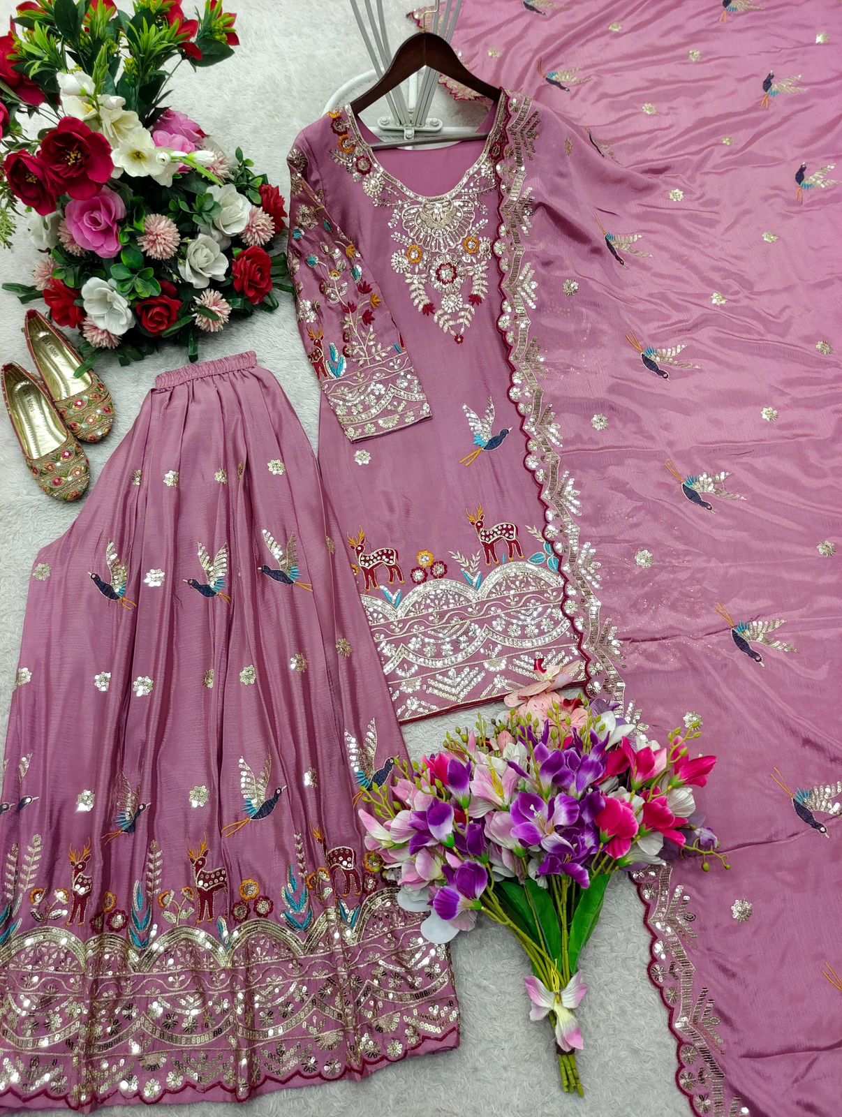 Embroidery & Sequins Pure Cinon Silk Sharara Set with Dupatta