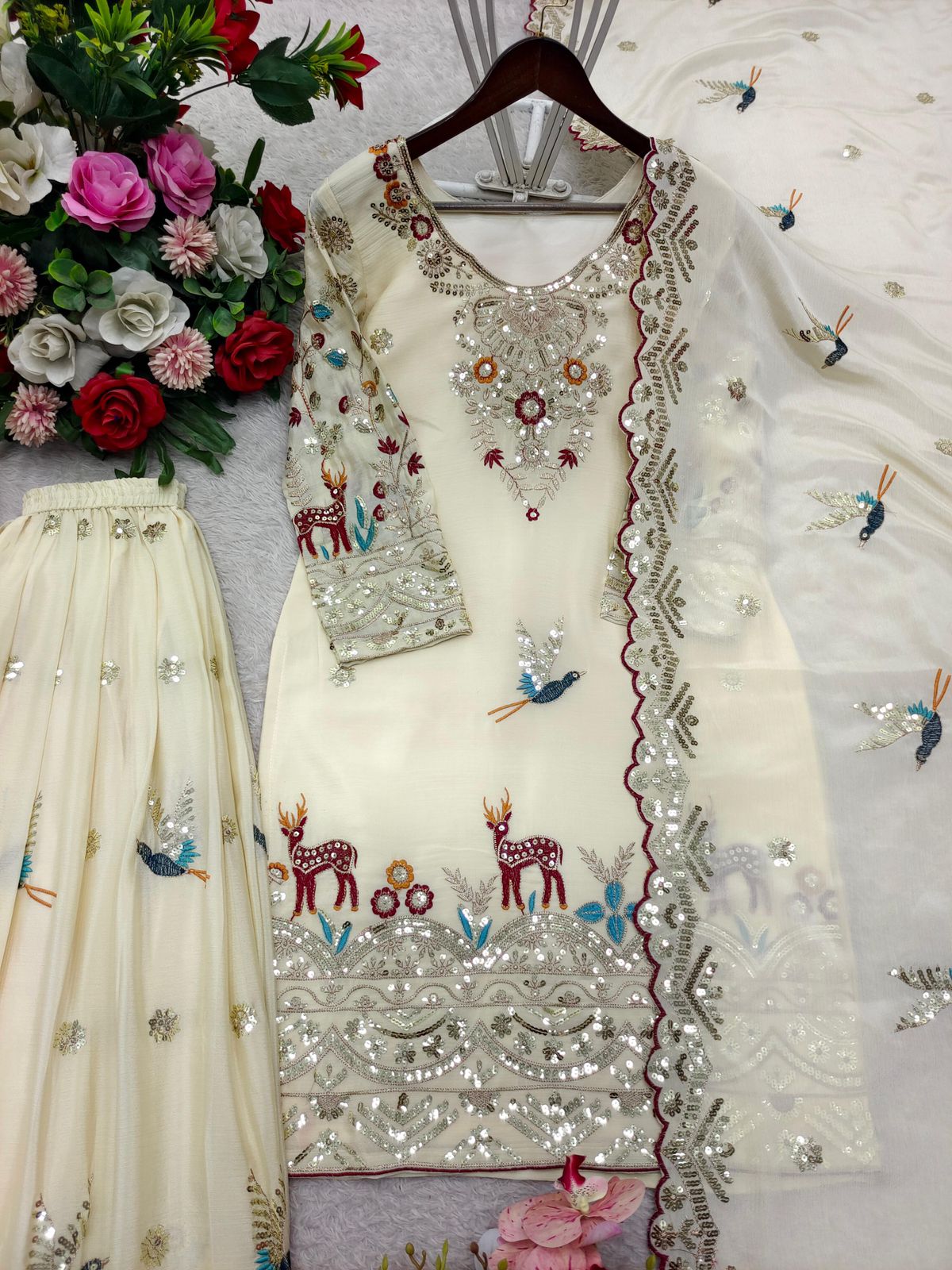 Embroidery & Sequins Pure Cinon Silk Sharara Set with Dupatta