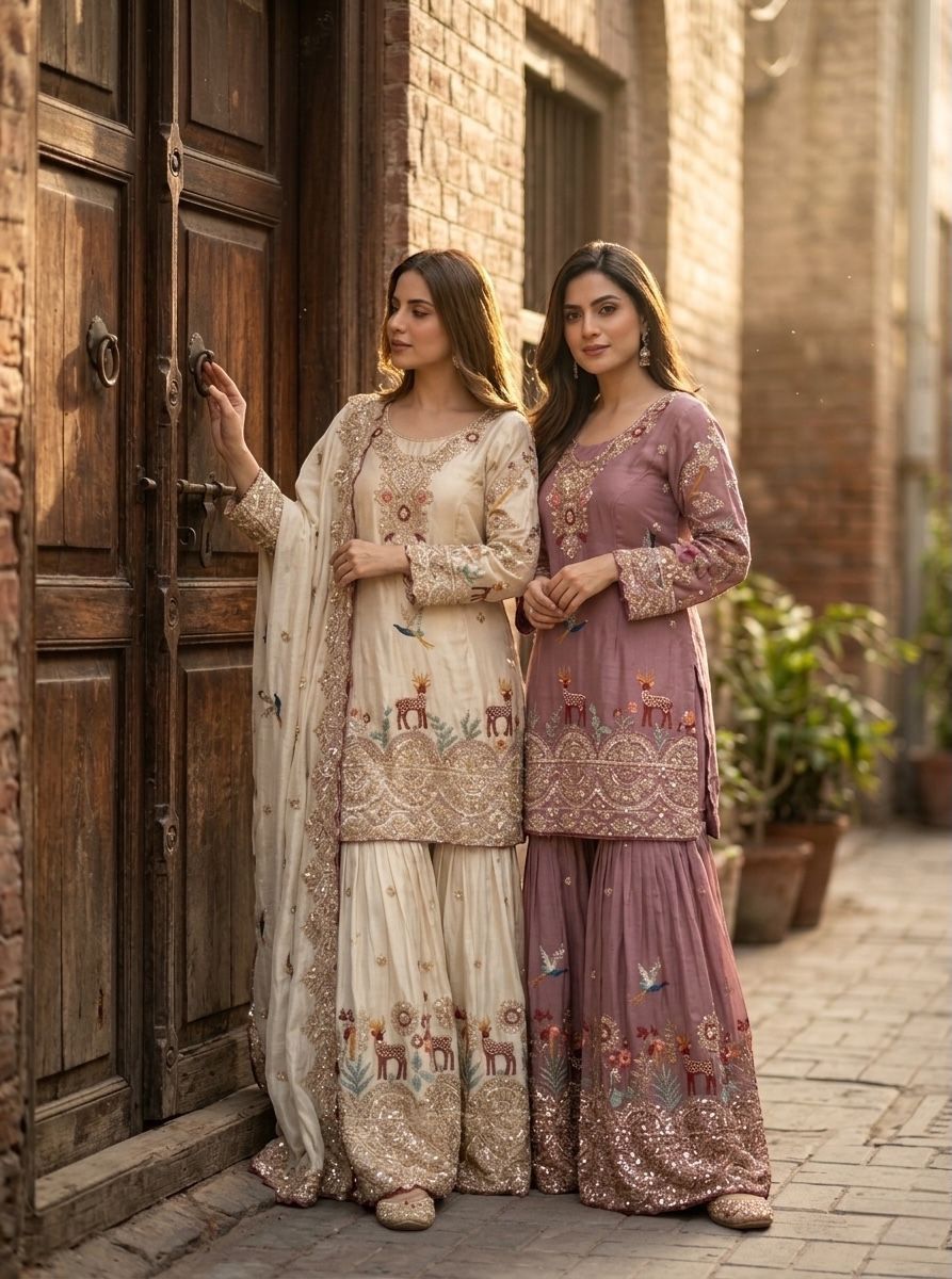 Embroidery & Sequins Pure Cinon Silk Sharara Set with Dupatta