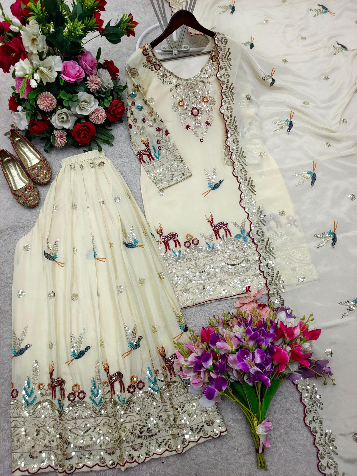 Embroidery & Sequins Pure Cinon Silk Sharara Set with Dupatta