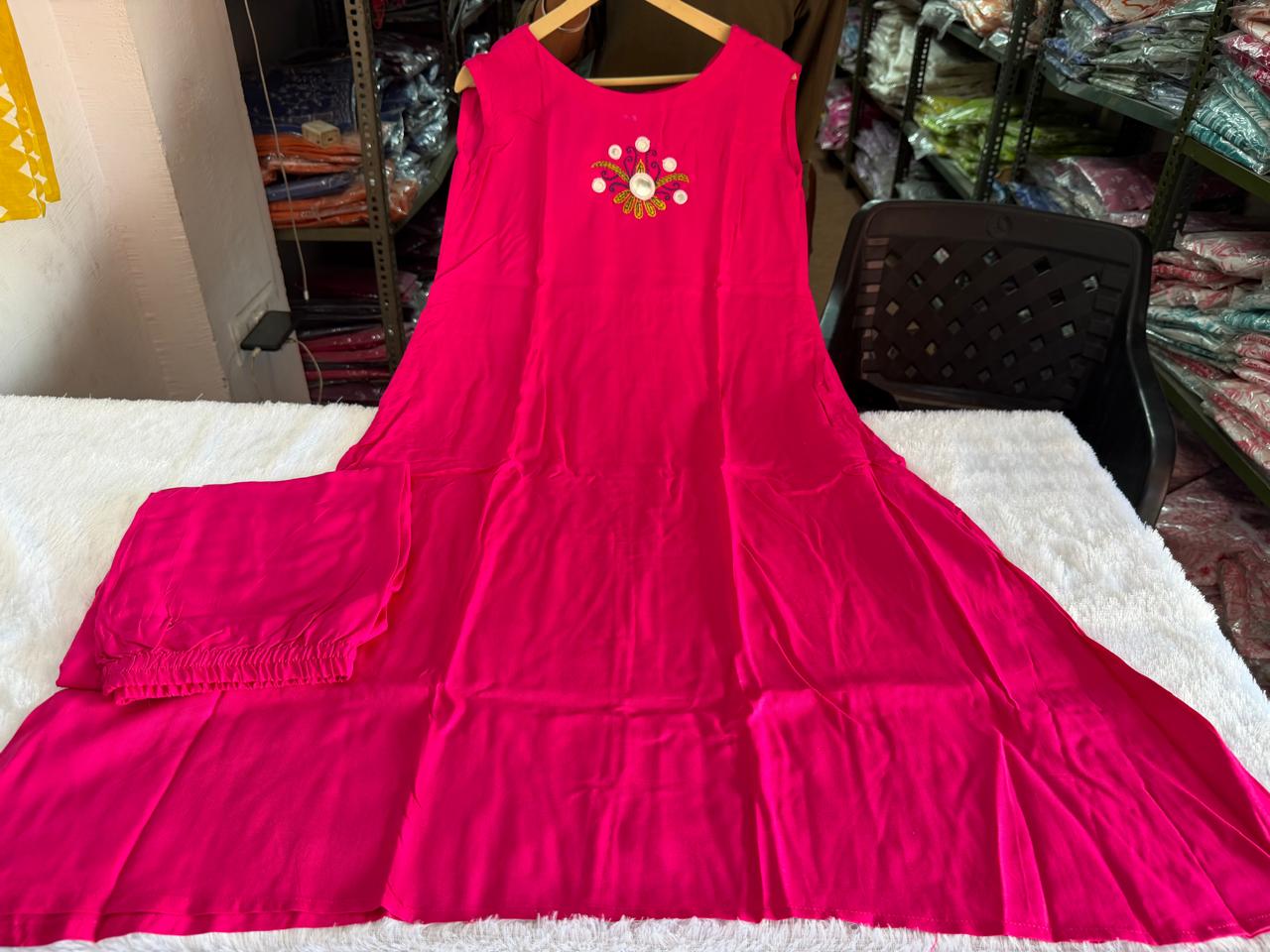 Rayon Kurti & Palazzo Pant Set – Mirror Embroidery |