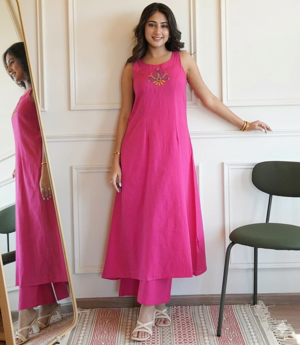 Rayon Kurti & Palazzo Pant Set – Mirror Embroidery |