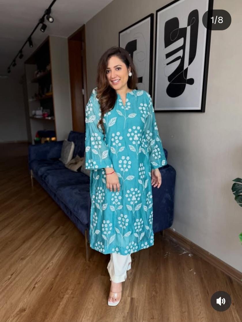 Floral Print Kurti & Pant Set – Yellow & Sky Blue