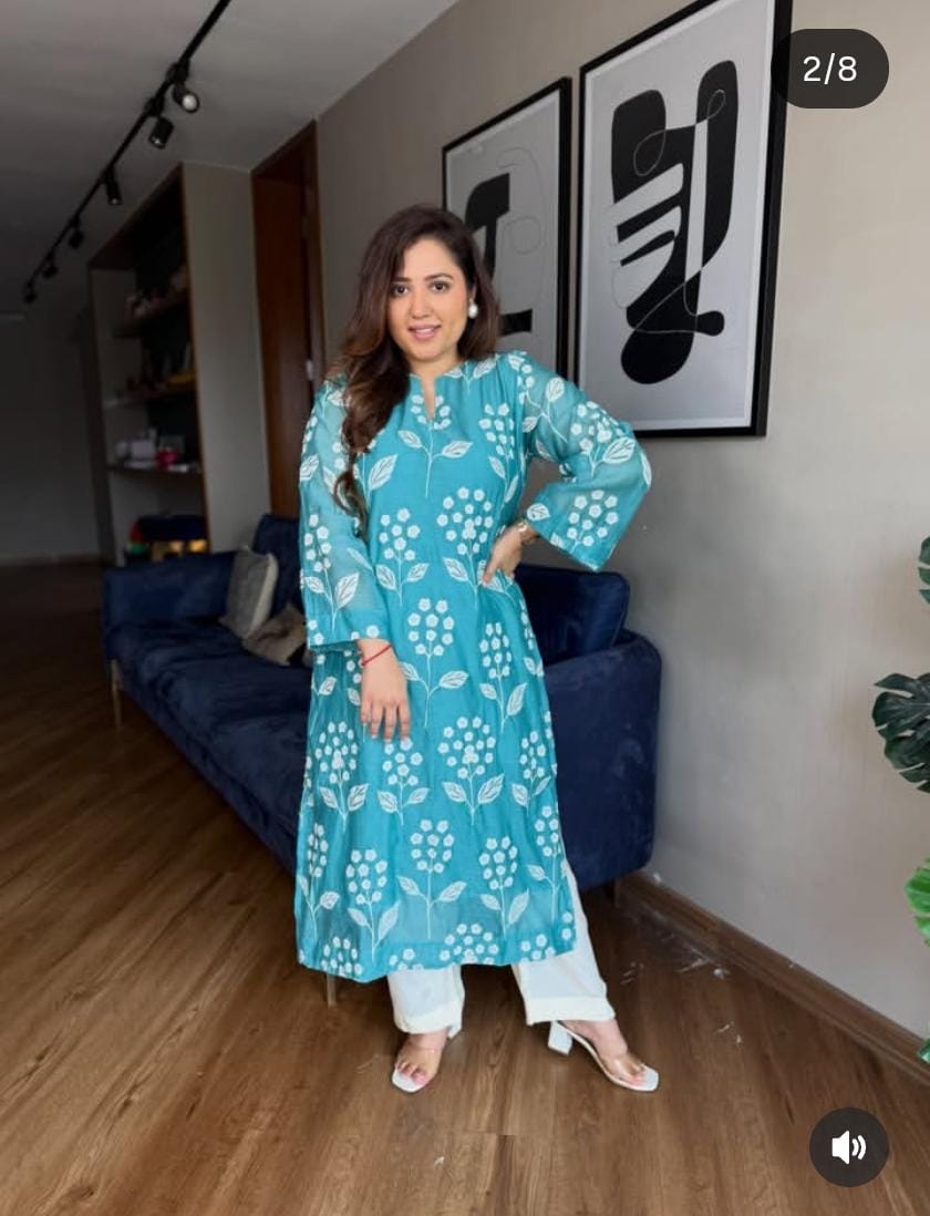 Floral Print Kurti & Pant Set – Yellow & Sky Blue