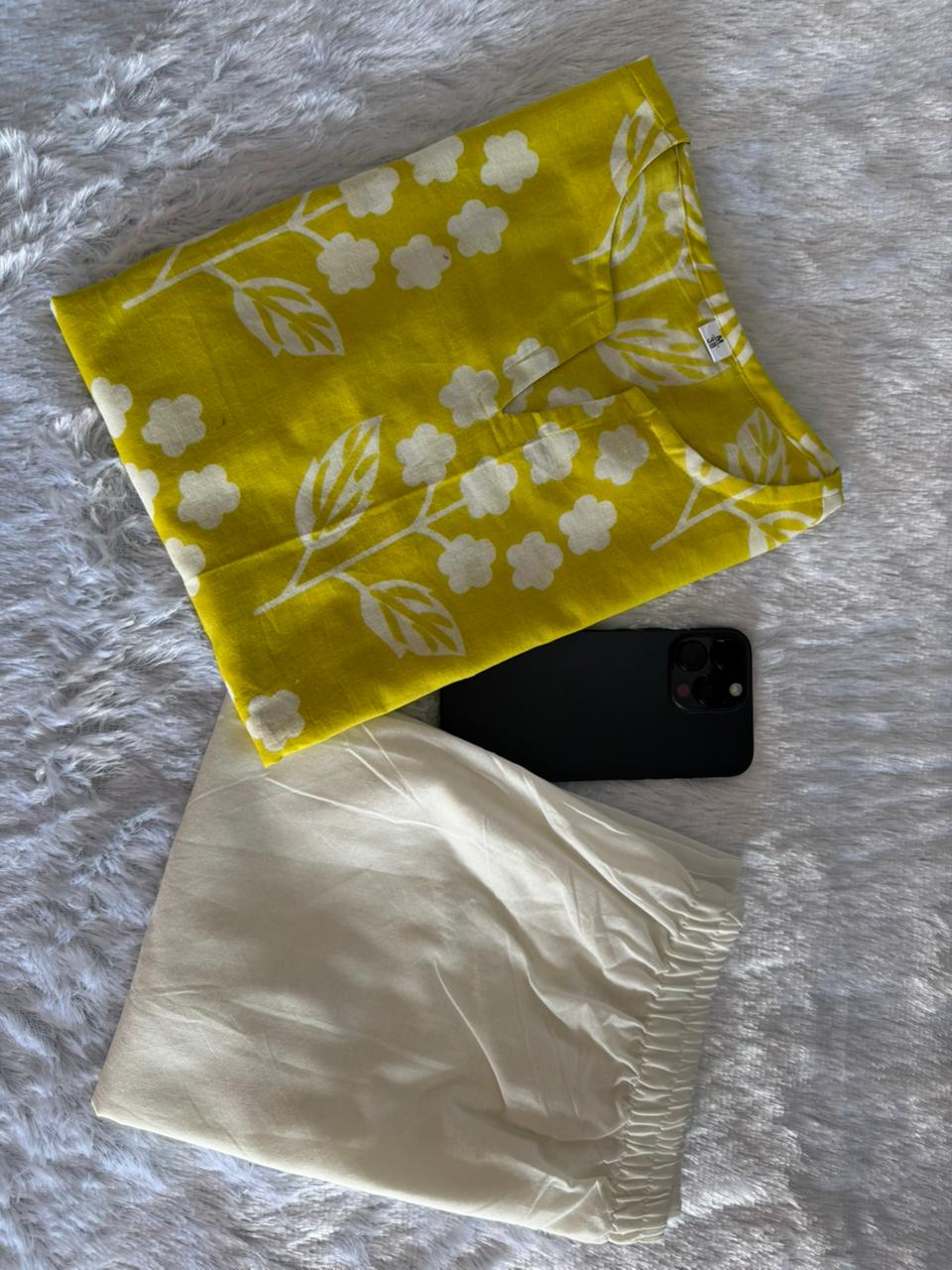 Floral Print Kurti & Pant Set – Yellow & Sky Blue