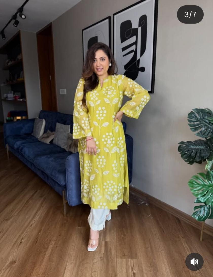 Floral Print Kurti & Pant Set – Yellow & Sky Blue