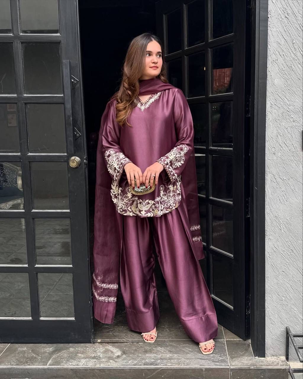 Embroidery Sequins Natural Crep Silk Top, Farshi Pant & Dupatta Set