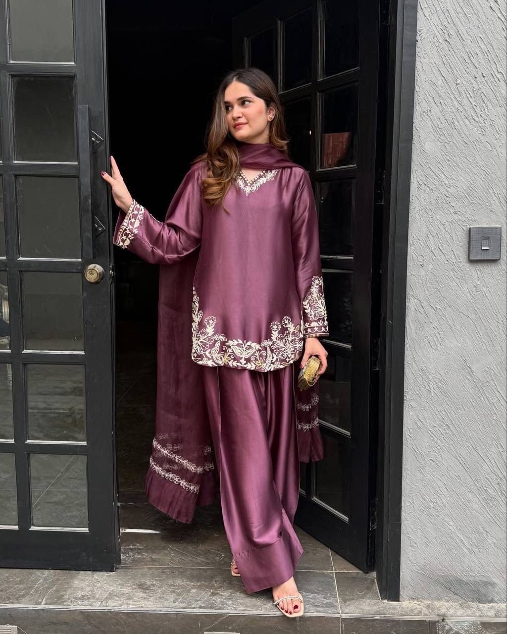 Embroidery Sequins Natural Crep Silk Top, Farshi Pant & Dupatta Set