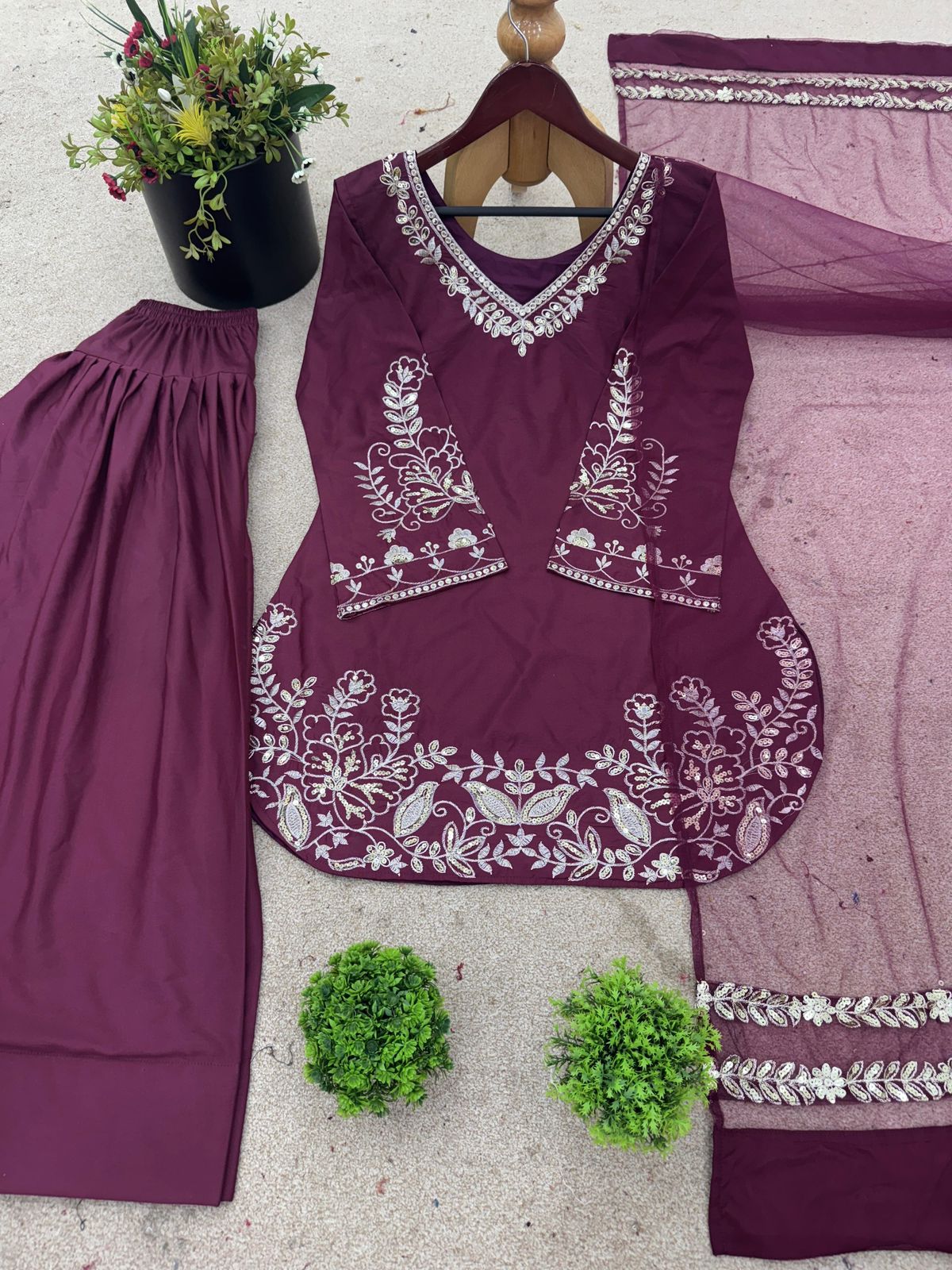 Embroidery Sequins Natural Crep Silk Top, Farshi Pant & Dupatta Set