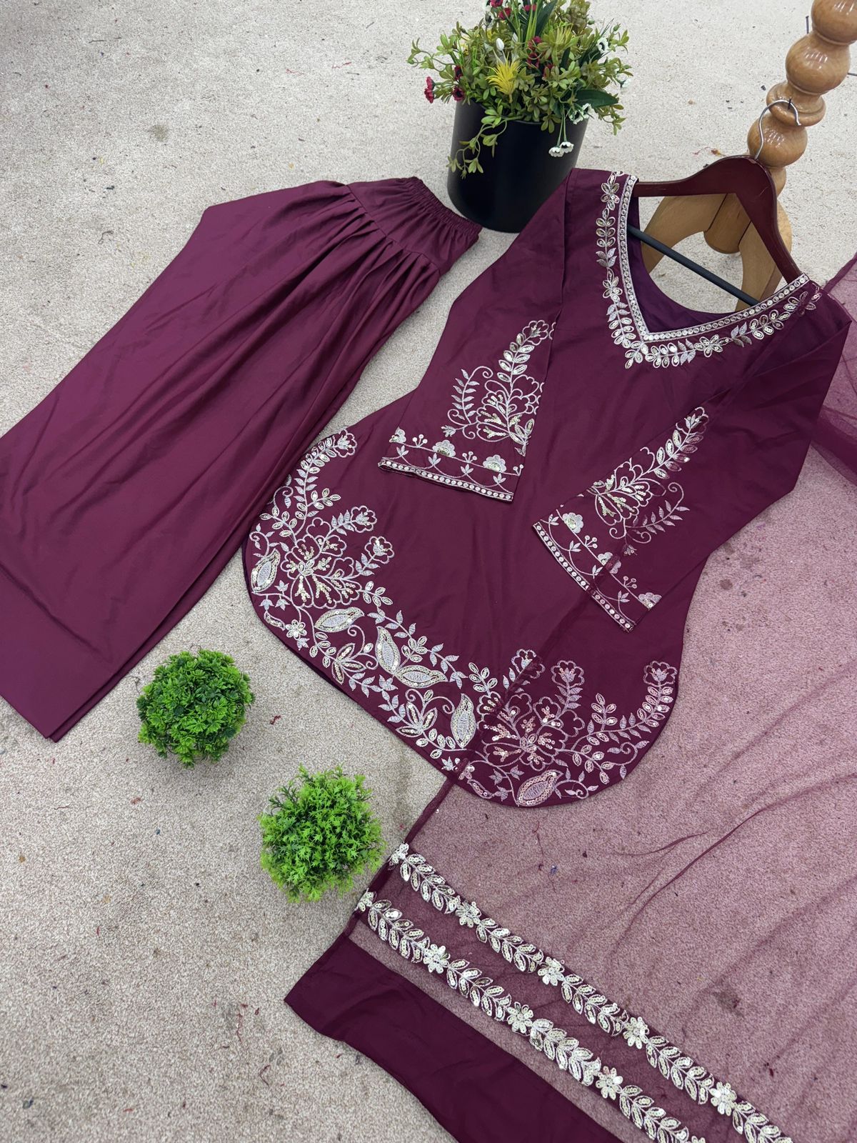 Embroidery Sequins Natural Crep Silk Top, Farshi Pant & Dupatta Set
