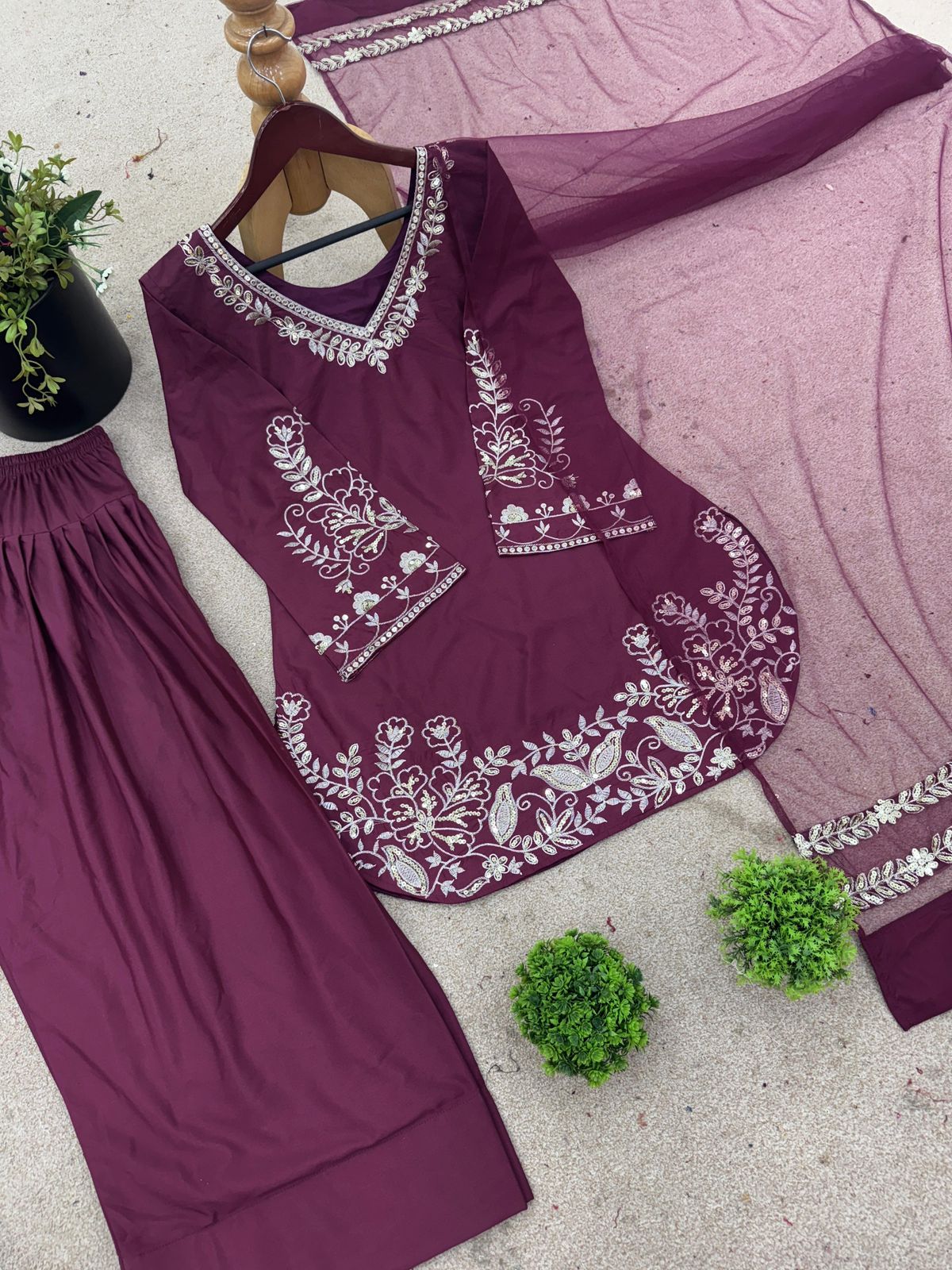 Embroidery Sequins Natural Crep Silk Top, Farshi Pant & Dupatta Set