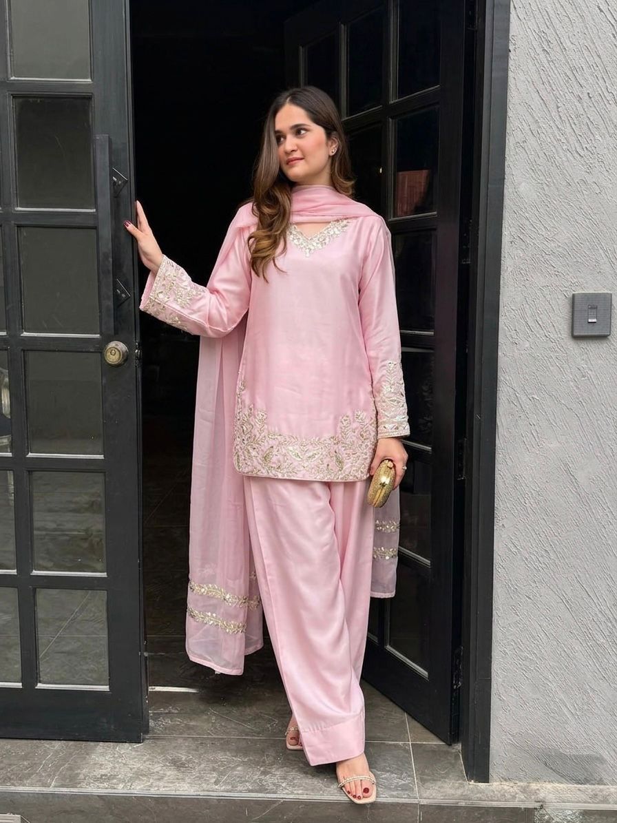 Embroidery Sequins Natural Crep Silk Top, Farshi Pant & Dupatta Set