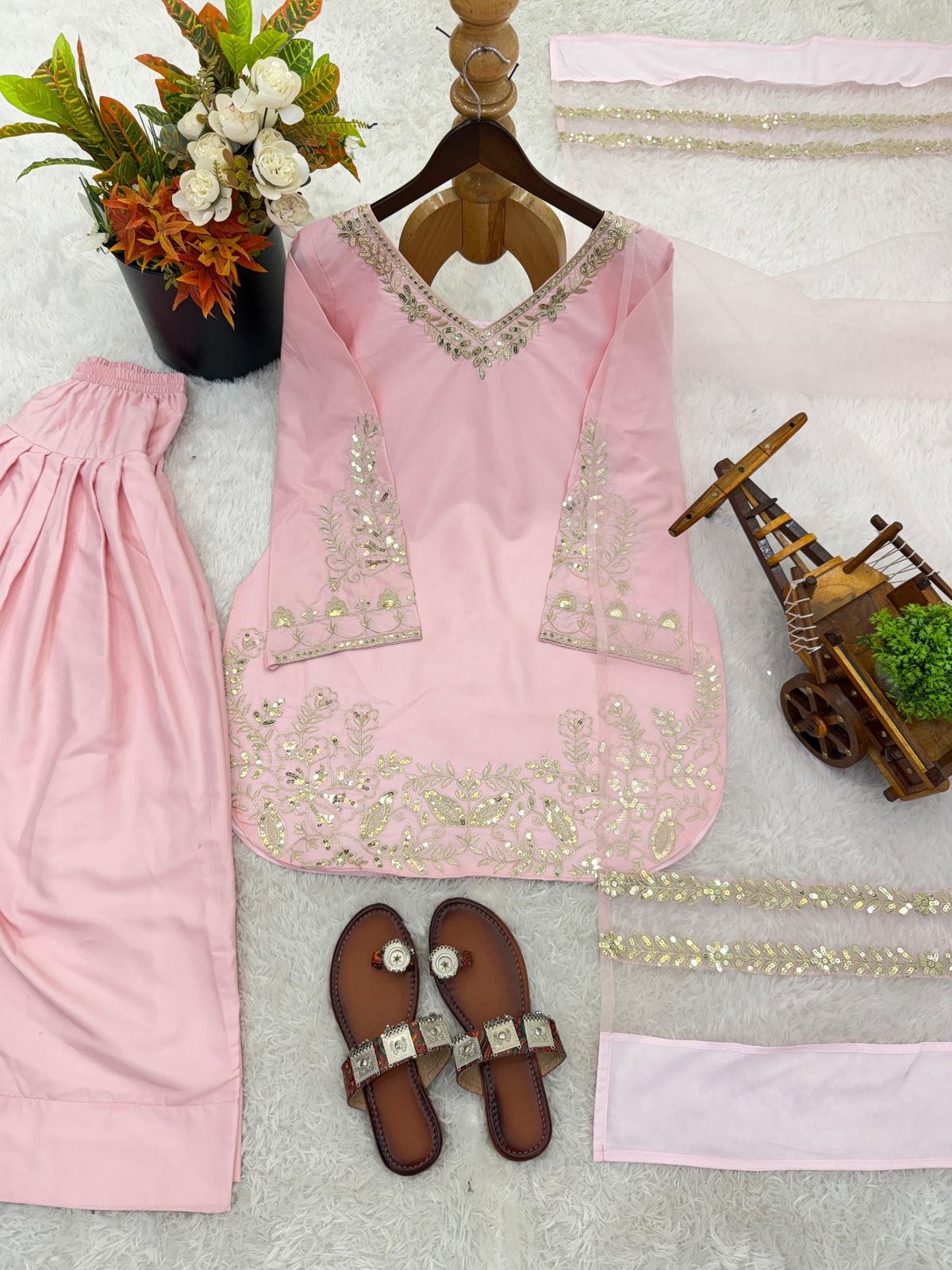 Embroidery Sequins Natural Crep Silk Top, Farshi Pant & Dupatta Set