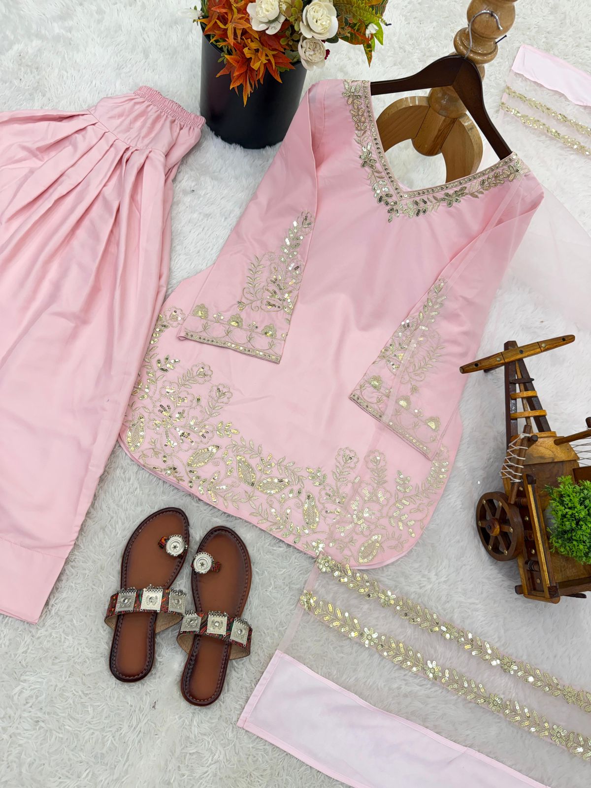 Embroidery Sequins Natural Crep Silk Top, Farshi Pant & Dupatta Set