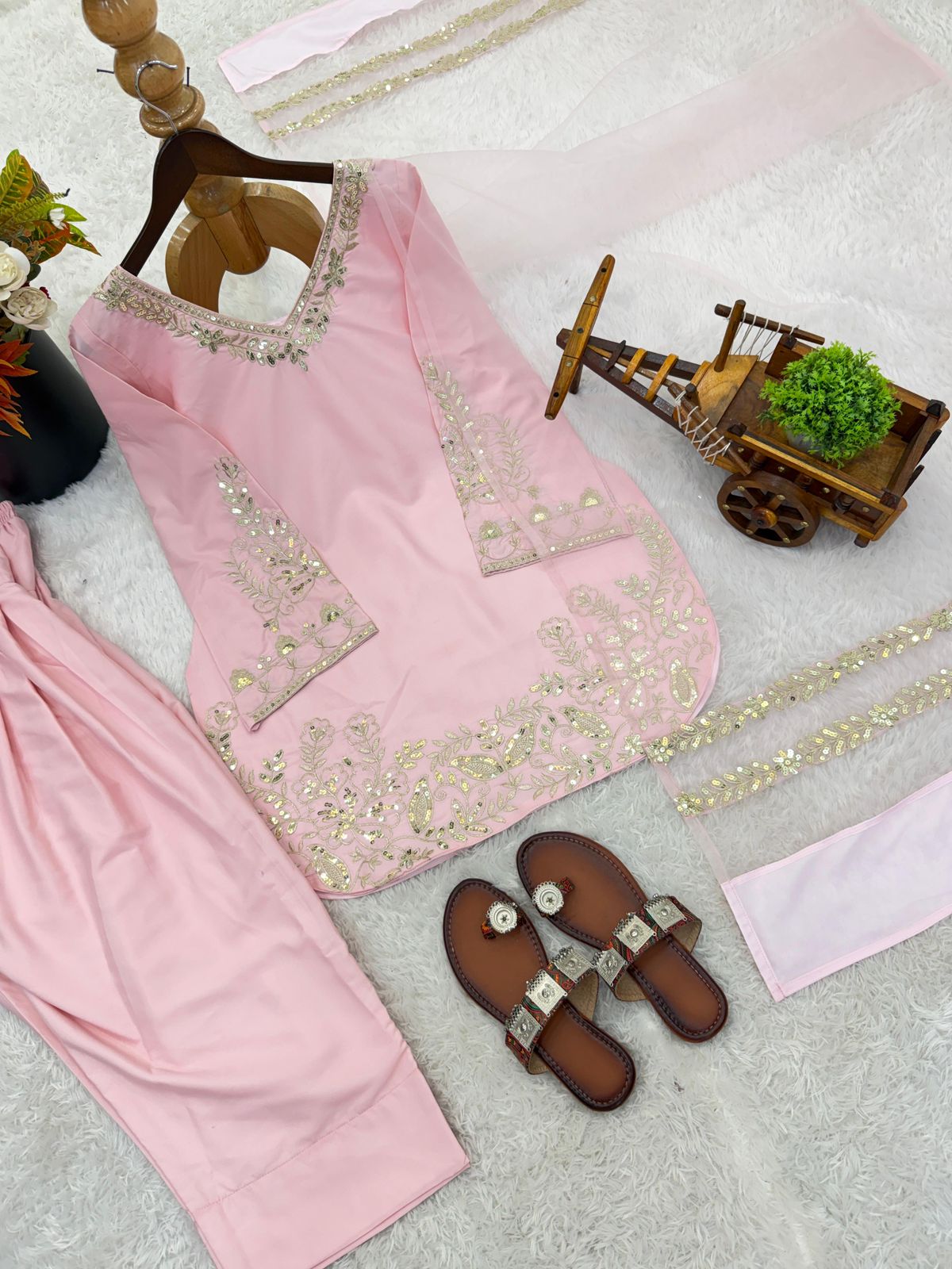 Embroidery Sequins Natural Crep Silk Top, Farshi Pant & Dupatta Set